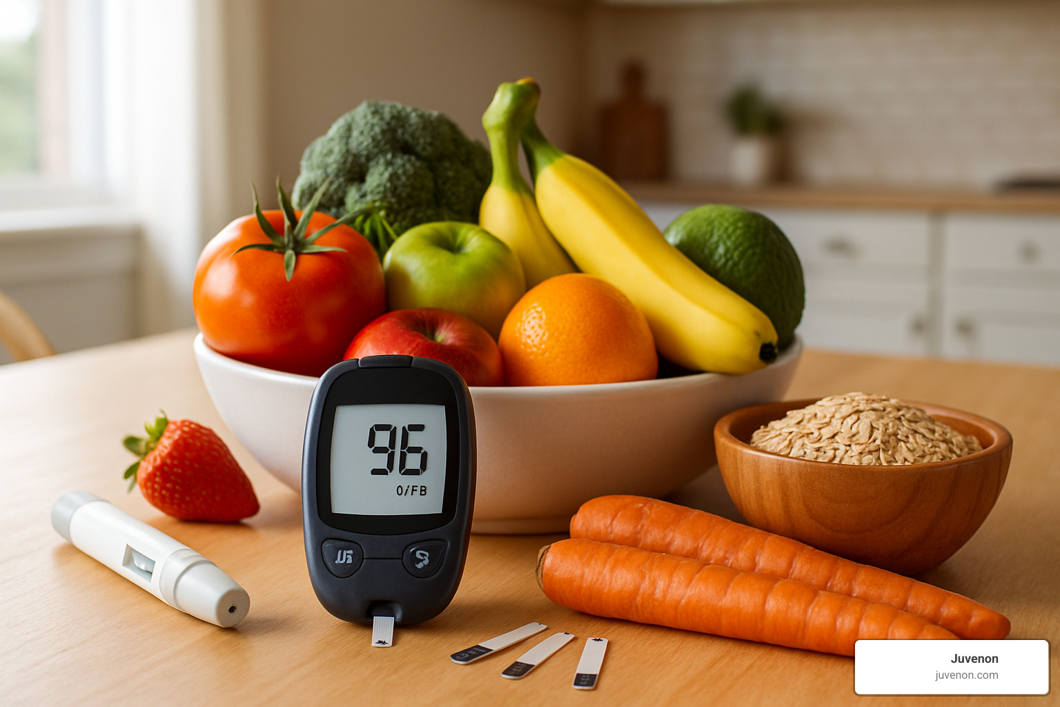 blood sugar monitoring kit with glucometer and healthy food - how to decrease blood sugar