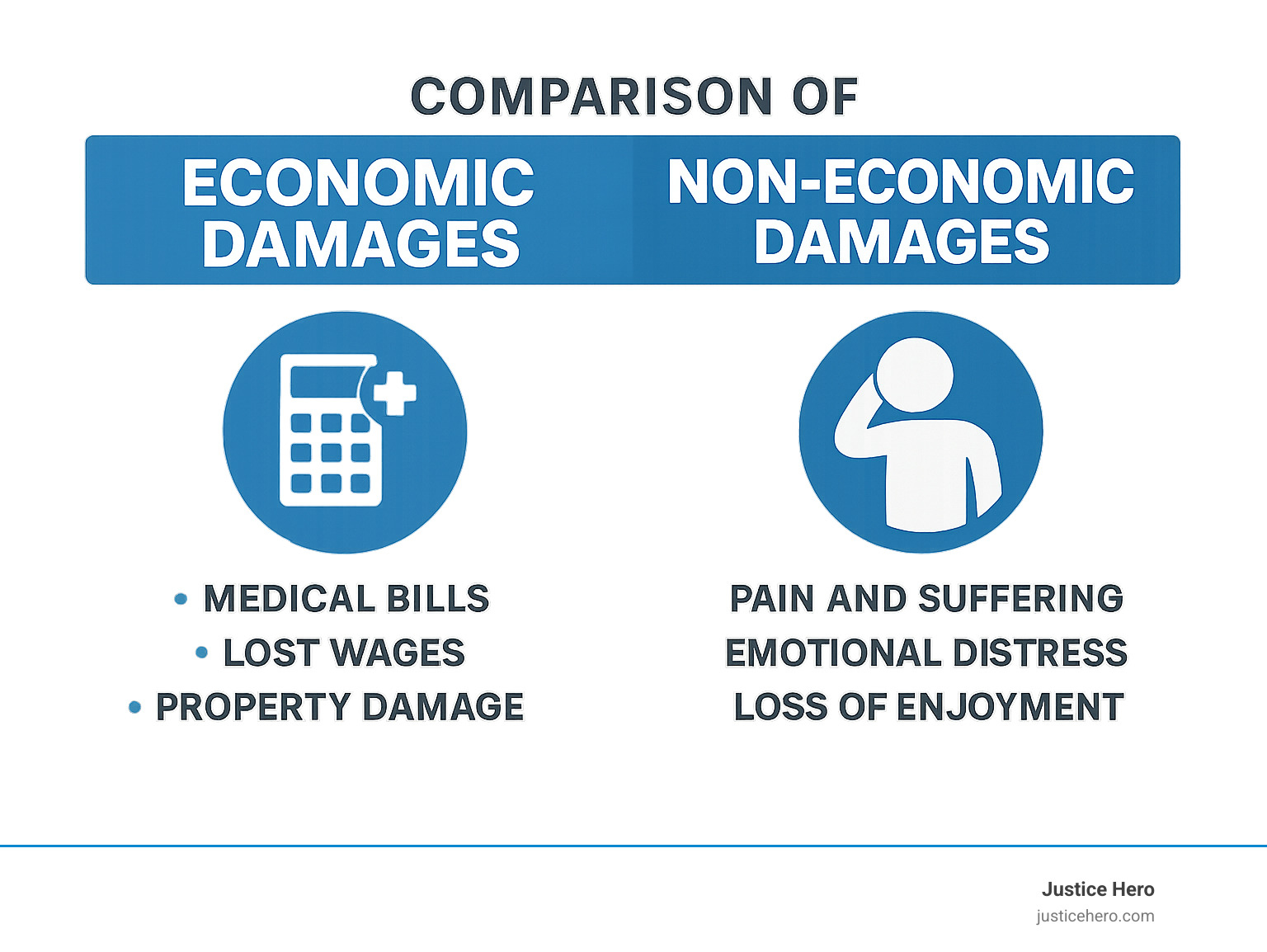 Comparison of economic damages (medical bills, lost wages, property damage) versus non-economic damages (pain and suffering, emotional distress, loss of enjoyment) - personal injury lawsuit process infographic 
