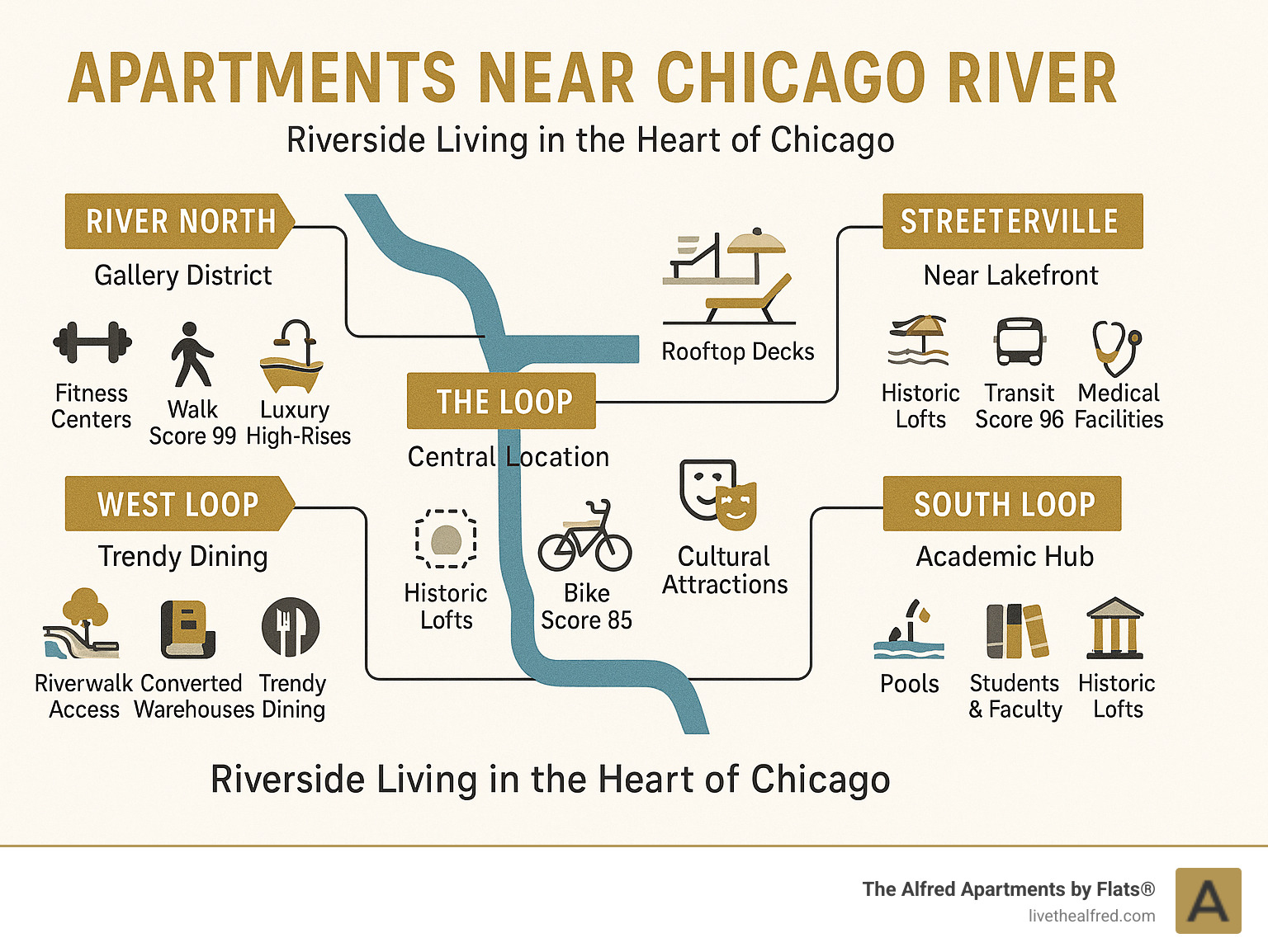 Infographic showing Chicago River apartment neighborhoods with amenities, transit scores, and lifestyle features for each area including River North, Streeterville, The Loop, South Loop and West Loop with their signature characteristics - apartments near Chicago River infographic 