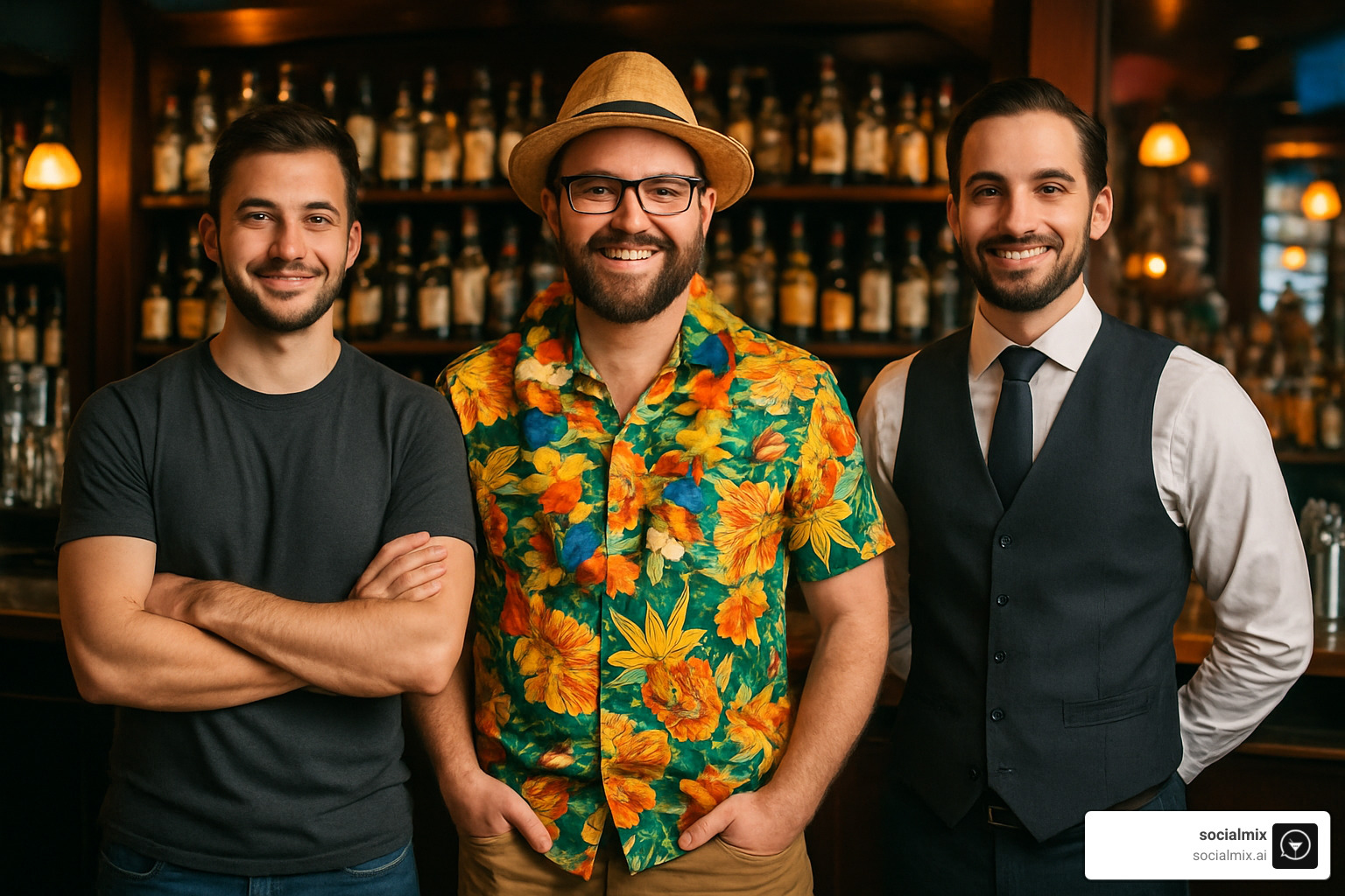 three bartenders in different uniforms - casual, tiki, and upscale - stylish bartending clothing