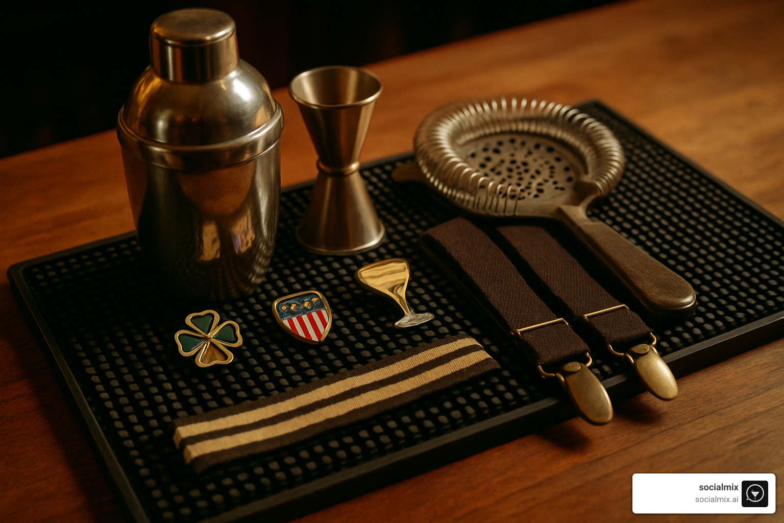 bartending tools, pins, armbands and suspenders on bar mat - stylish bartending clothing