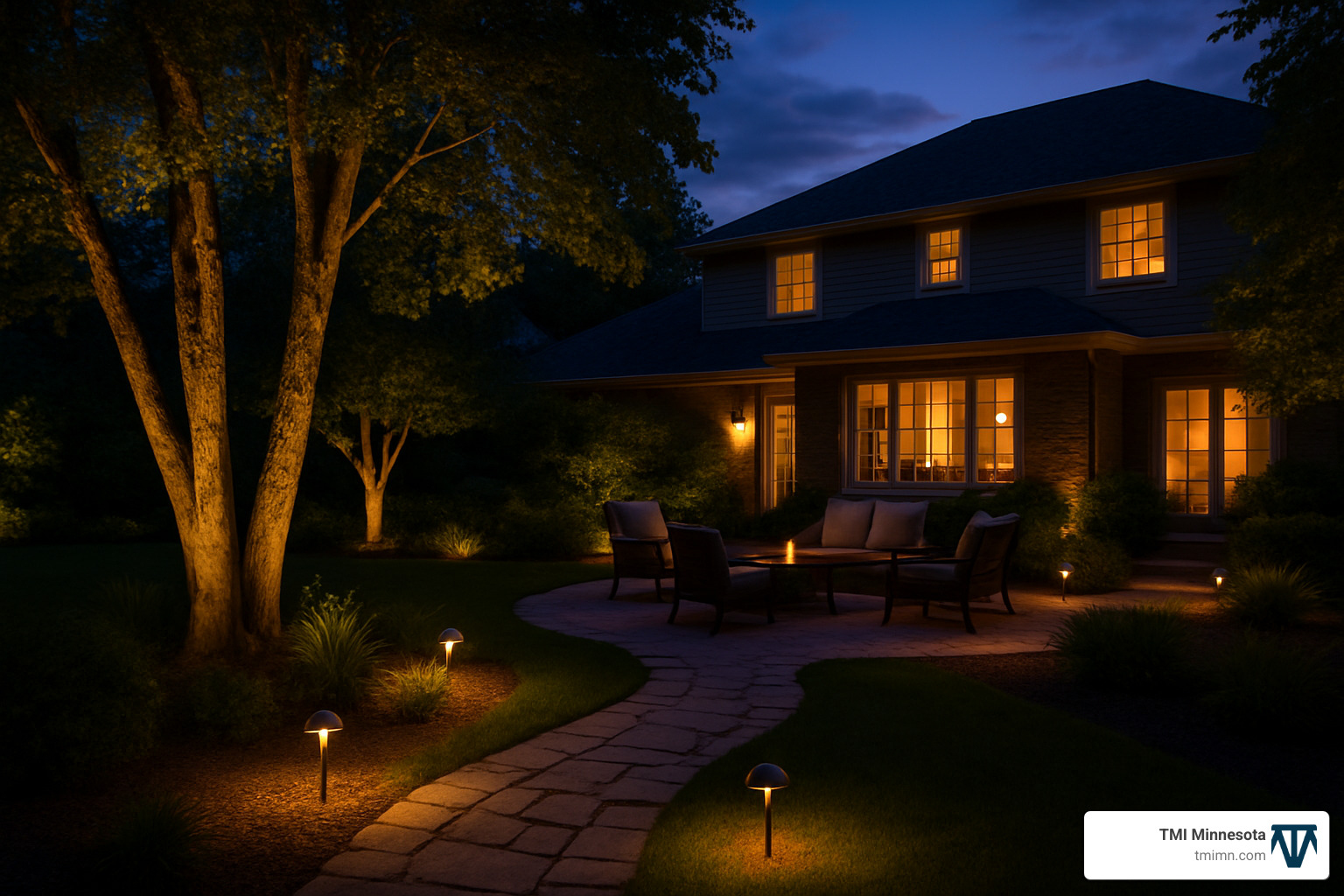 Beautiful backyard with various landscape lighting techniques including path lights, uplighting on trees, and soft ambient lighting around a patio area - landscape lighting ideas