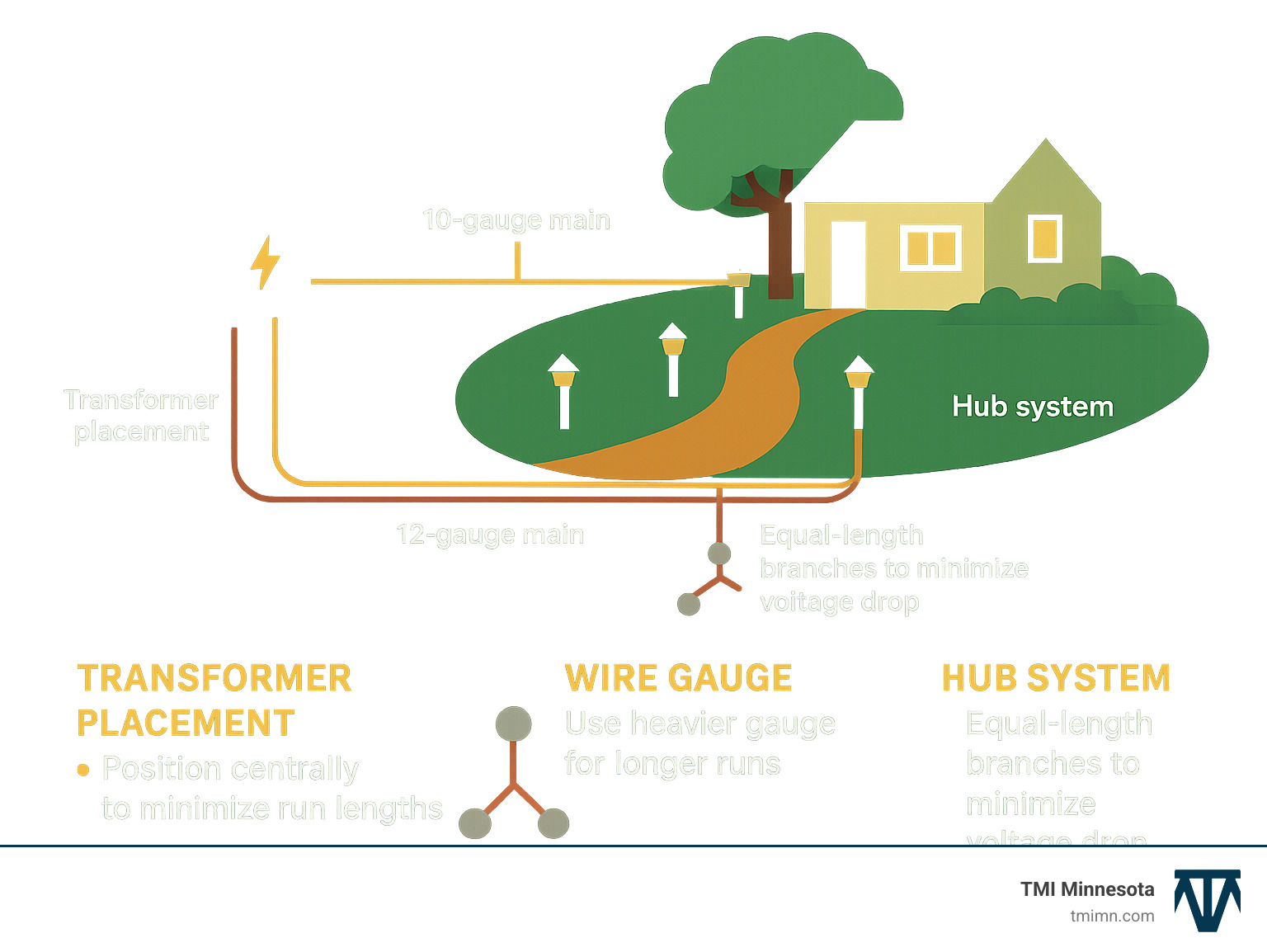Diagram showing landscape lighting wiring layout with transformer placement, wire gauge recommendations, and hub system design to minimize voltage drop - landscape lighting ideas infographic 