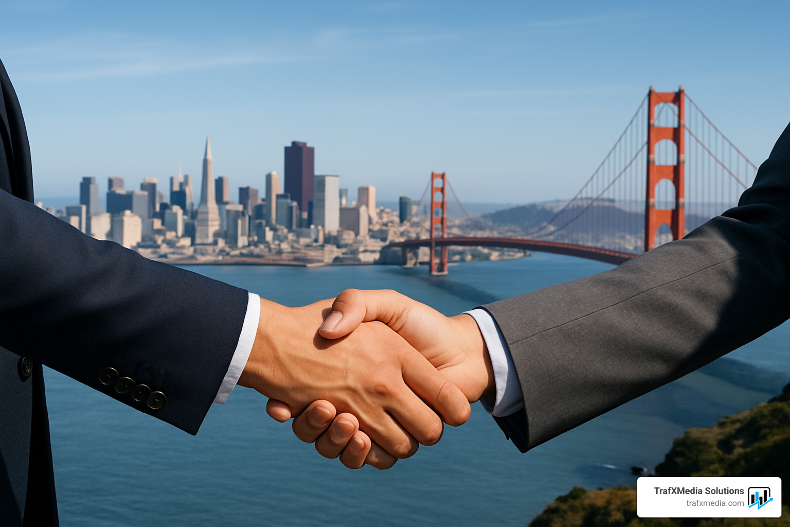 handshake over bay area skyline - Bay Area digital marketing