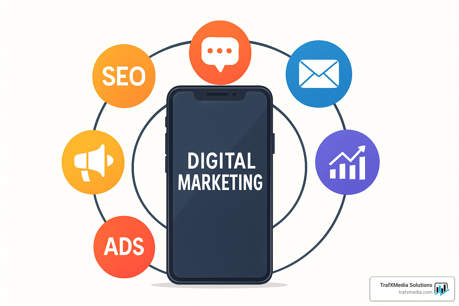 digital marketing services icons orbiting smartphone - Bay Area digital marketing
