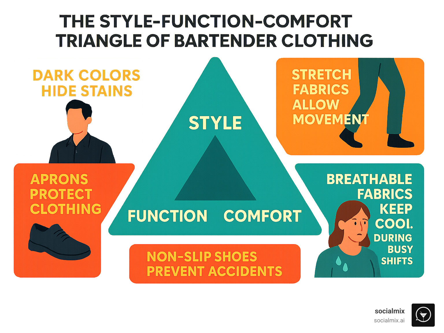 The Style-Function-Comfort Triangle of Bartender Clothing showing how dark colors hide stains, stretch fabrics allow movement, aprons protect clothing, non-slip shoes prevent accidents, and breathable fabrics keep cool during busy shifts - stylish bartending clothing infographic 