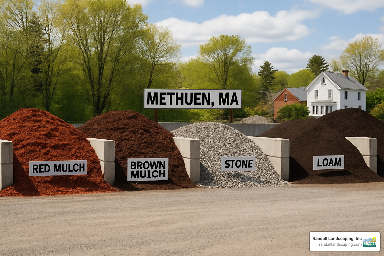 Landscape supply yard with organized piles of mulch, stone, and soil - landscape supply methuen ma