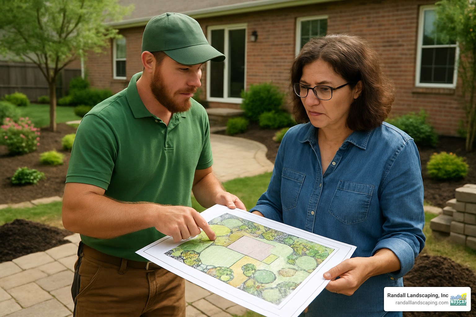 Landscape designer reviewing plans with homeowner for a backyard project - landscape supply methuen ma