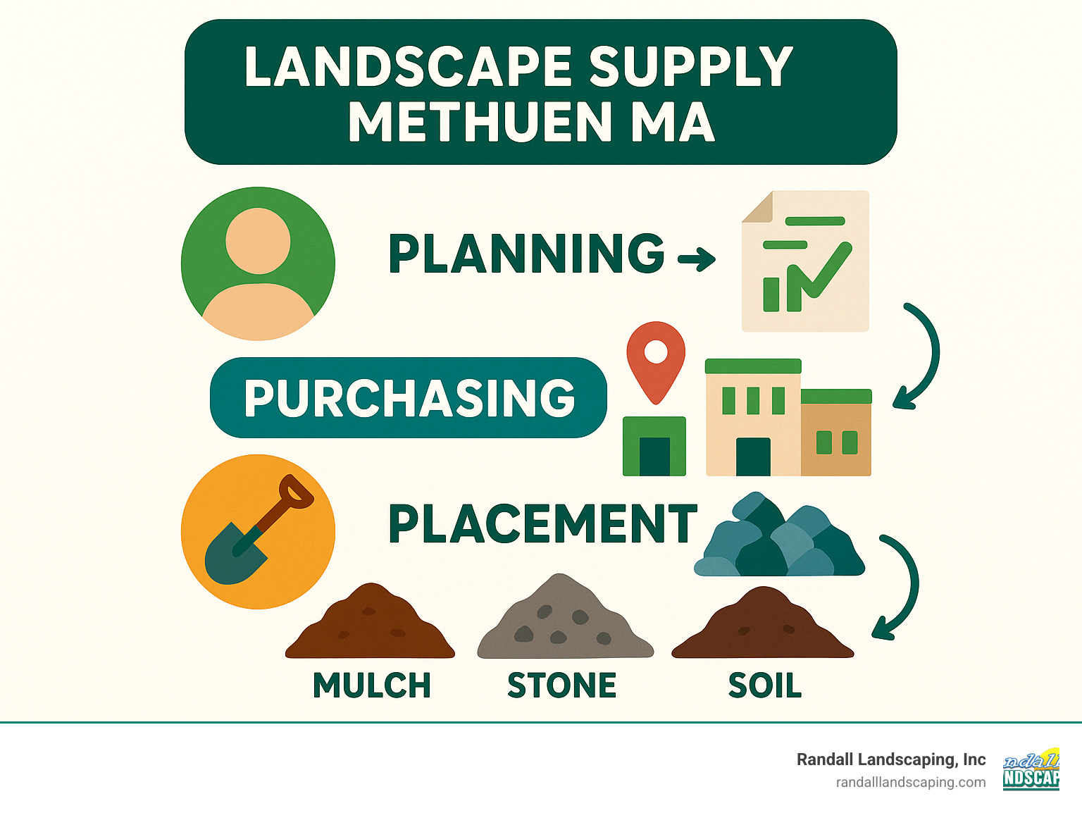 Landscape supply workflow showing planning, purchasing and placement steps with common materials like mulch, stone, and soil at different Methuen MA suppliers - landscape supply methuen ma infographic 