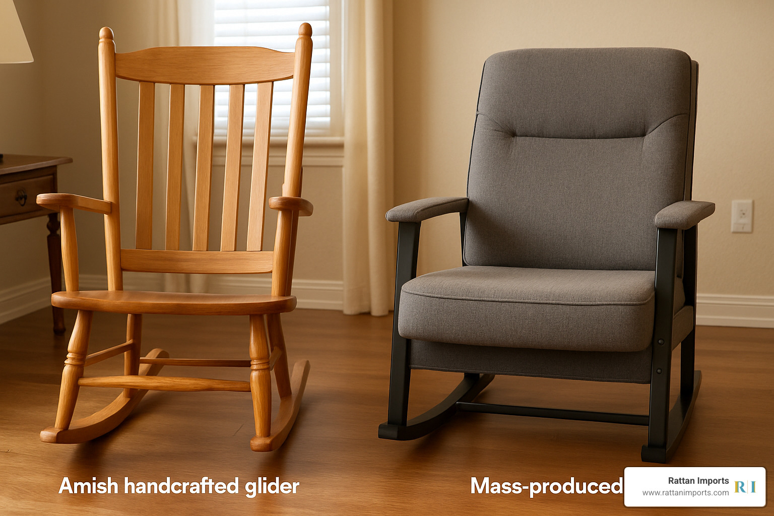 comparison of amish handcrafted glider next to mass produced chair - amish rockers and gliders