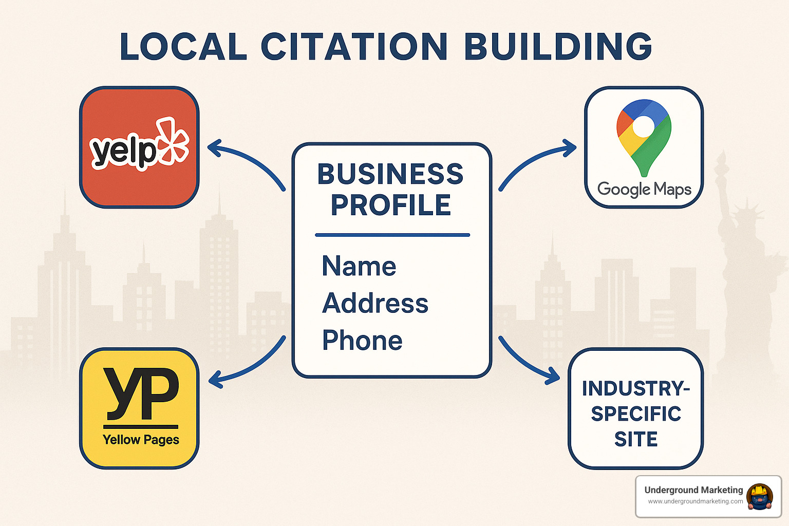 Local citation building process showing NAP consistency across directories - improve local seo