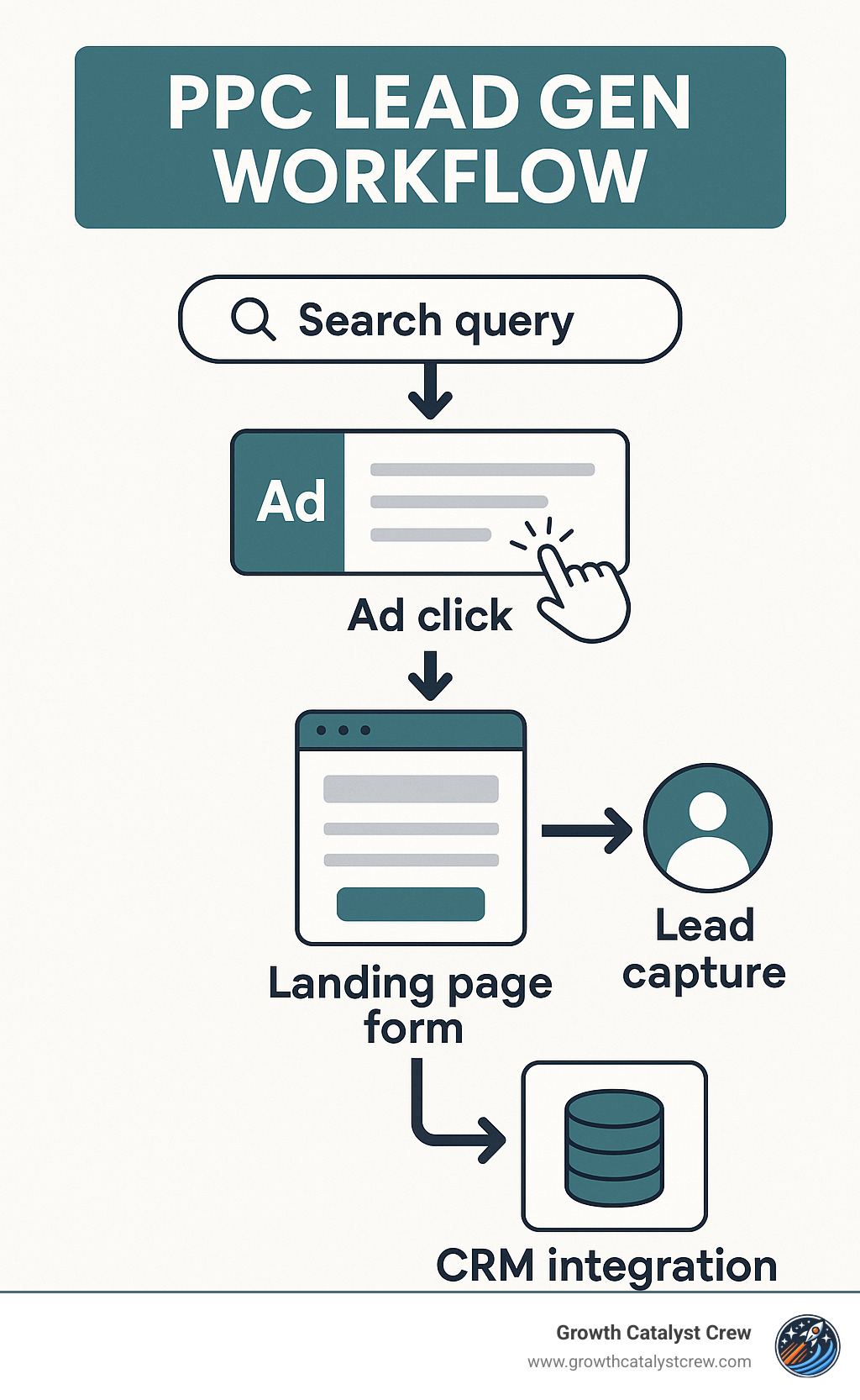 PPC lead generation workflow showing search query to ad click to landing page form to lead capture to CRM integration - ppc lead gen infographic