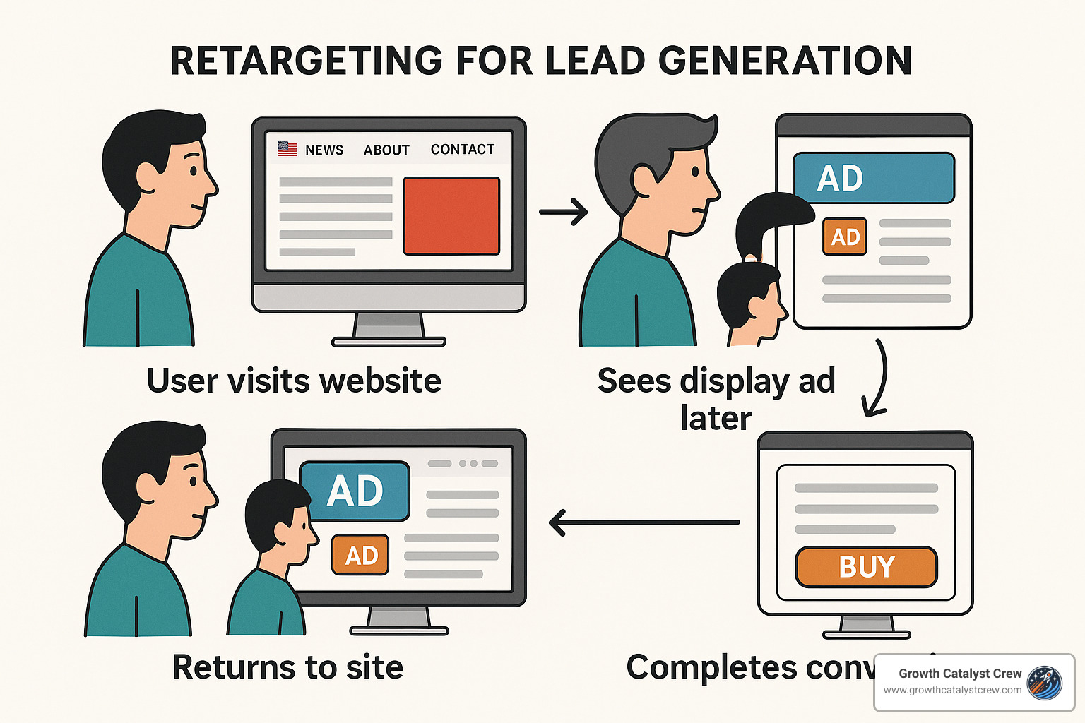 Retargeting workflow showing site visit to ad display to return visit and conversion - ppc lead gen