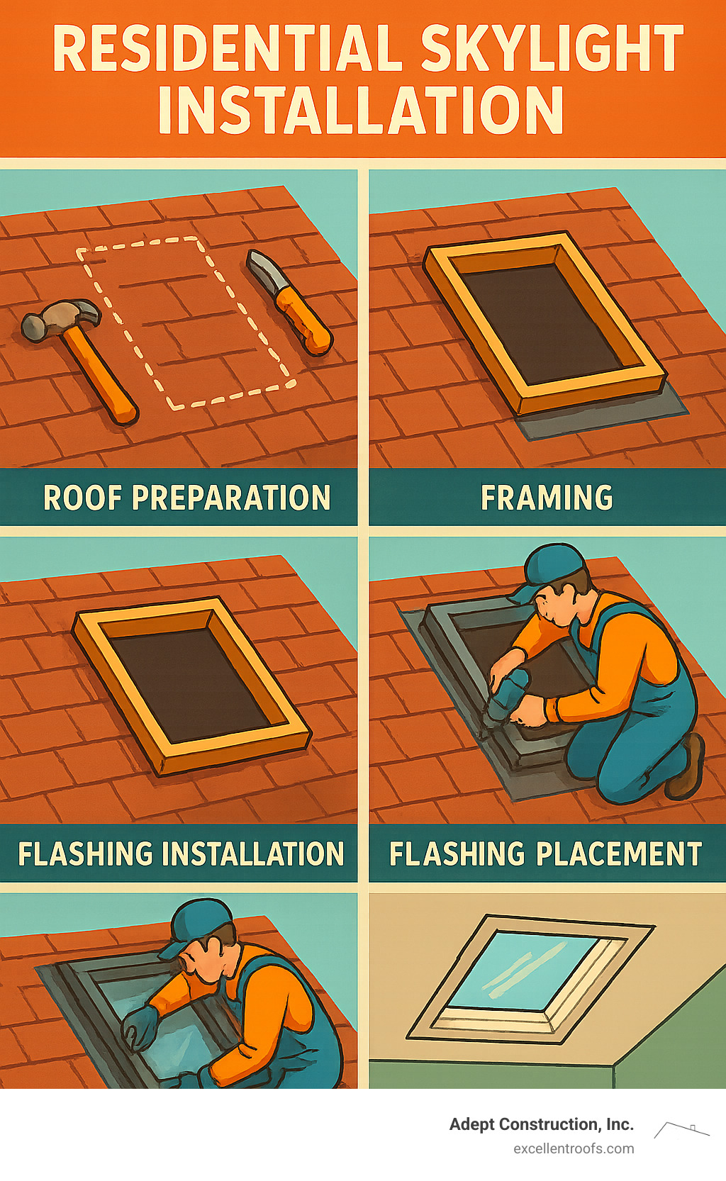 Residential skylight installation process showing roof preparation, framing, flashing installation, skylight placement, and interior finishing with detailed step-by-step breakdown and weatherproofing techniques - residential skylight installation infographic 