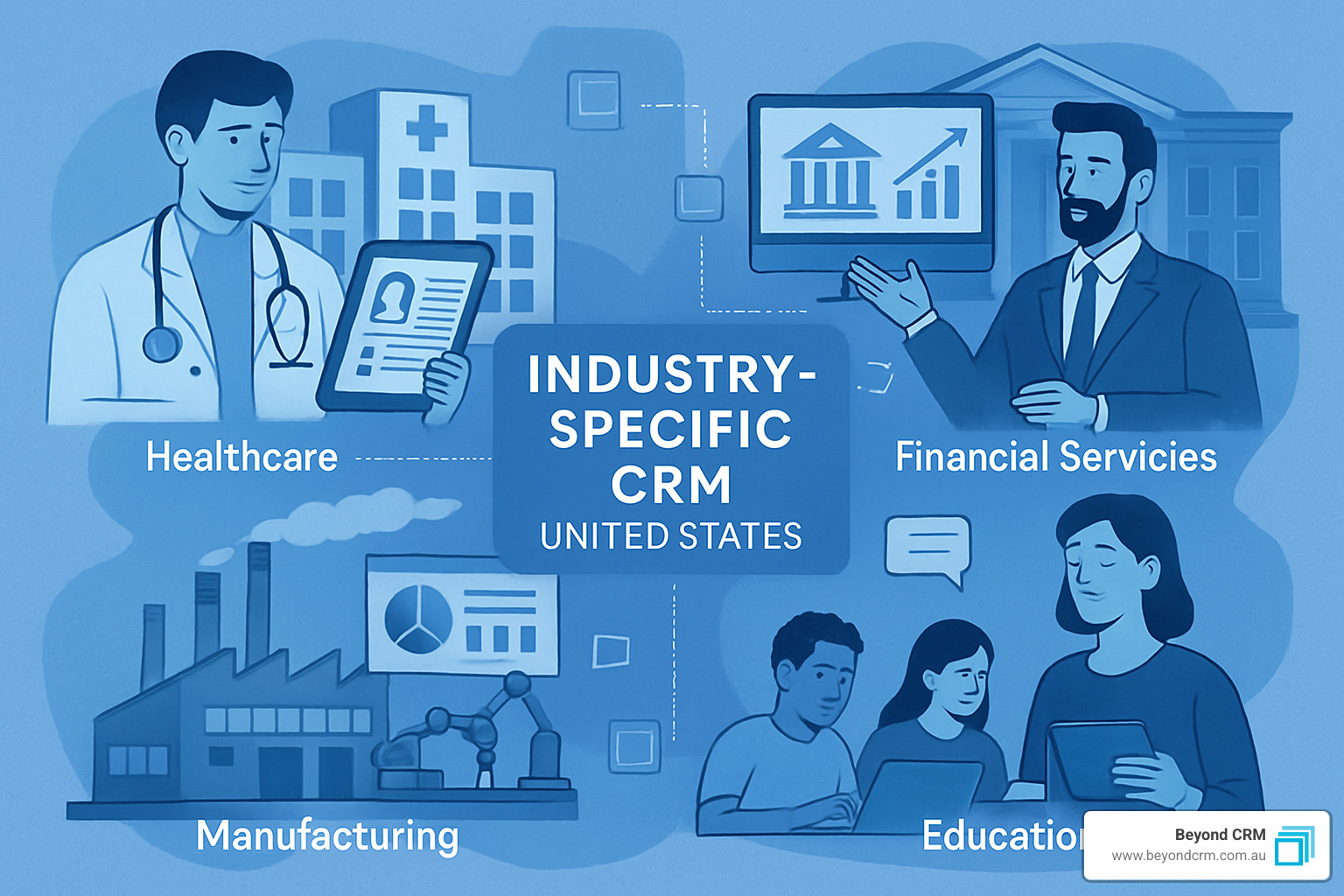 Industry-specific CRM implementations showing healthcare, financial services, manufacturing, and education - CRM implementation services