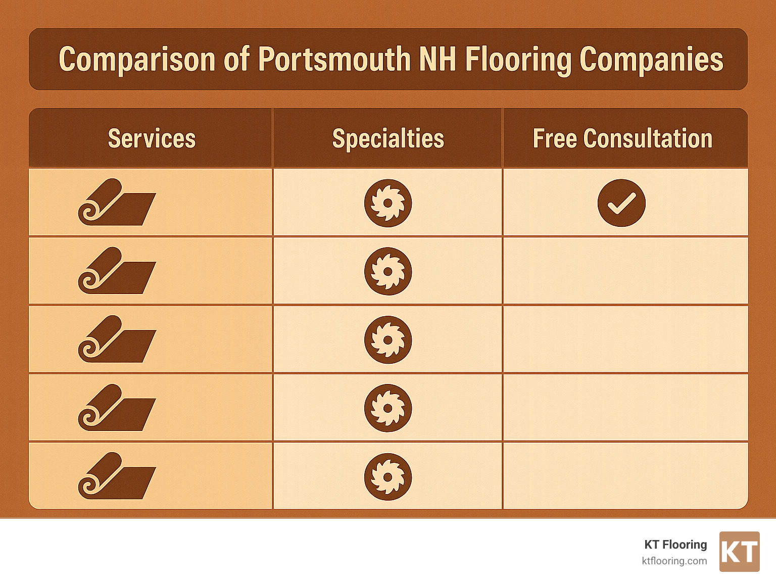 Comparison of Portsmouth NH flooring companies showing services, specialties, and whether they offer free consultations - flooring companies portsmouth nh infographic