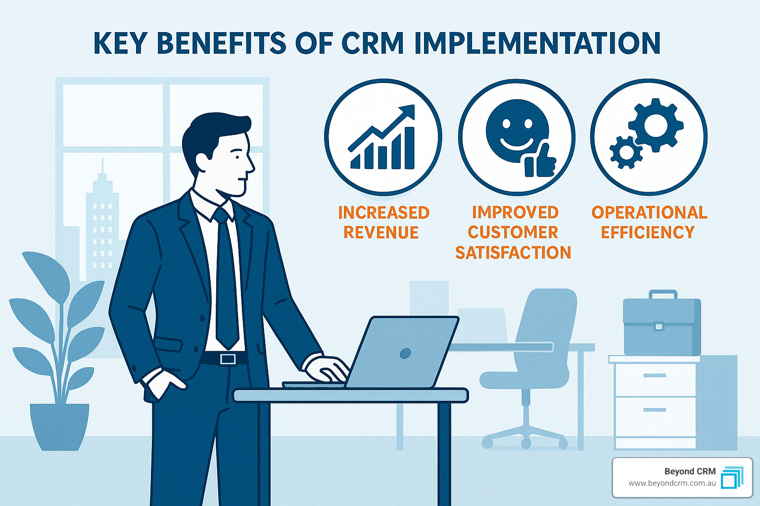 CRM benefits showing increased revenue, improved customer satisfaction, and operational efficiency - CRM implementation services