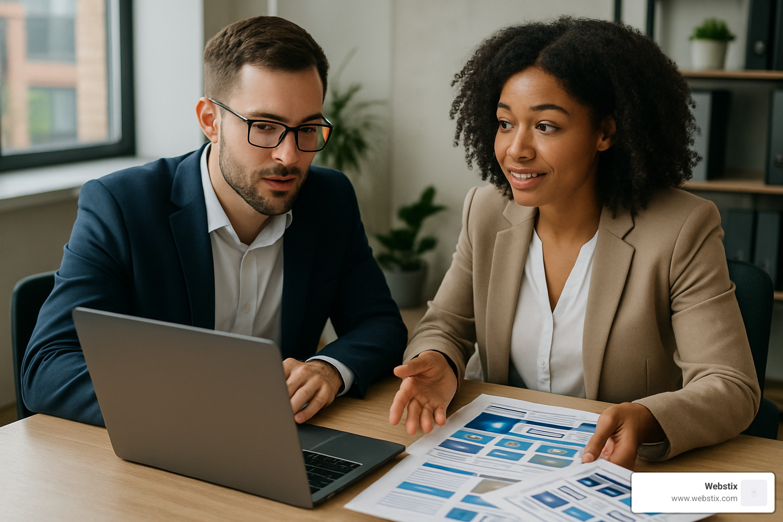 Designer reviewing website mockups with client - wordpress site designers