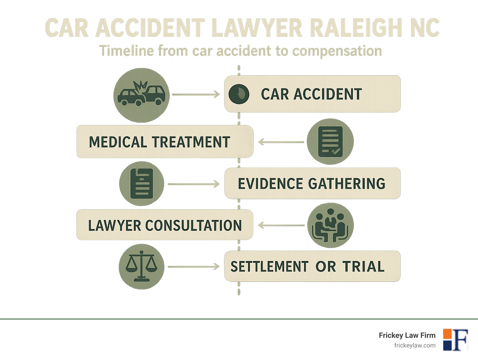 Timeline showing steps from car accident to compensation including medical treatment, evidence gathering, lawyer consultation, insurance negotiations, and potential settlement or trial in Raleigh, NC - car accident lawyer raleigh nc infographic