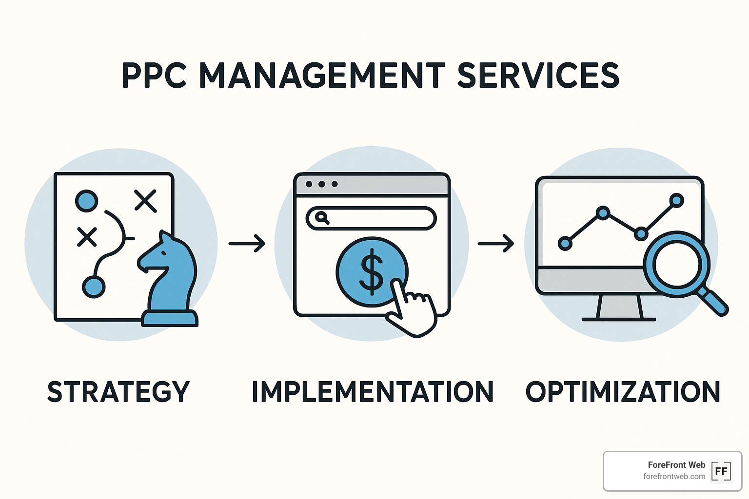 PPC management services components showing strategy, implementation and optimization - ppc management services