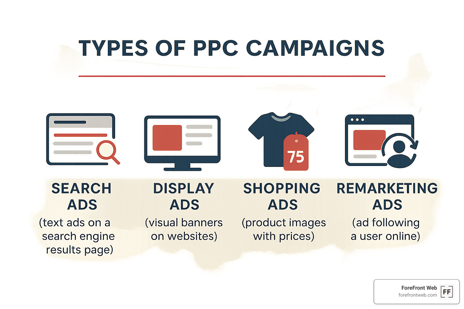 Different types of PPC campaigns including search, display, shopping and remarketing - ppc management services