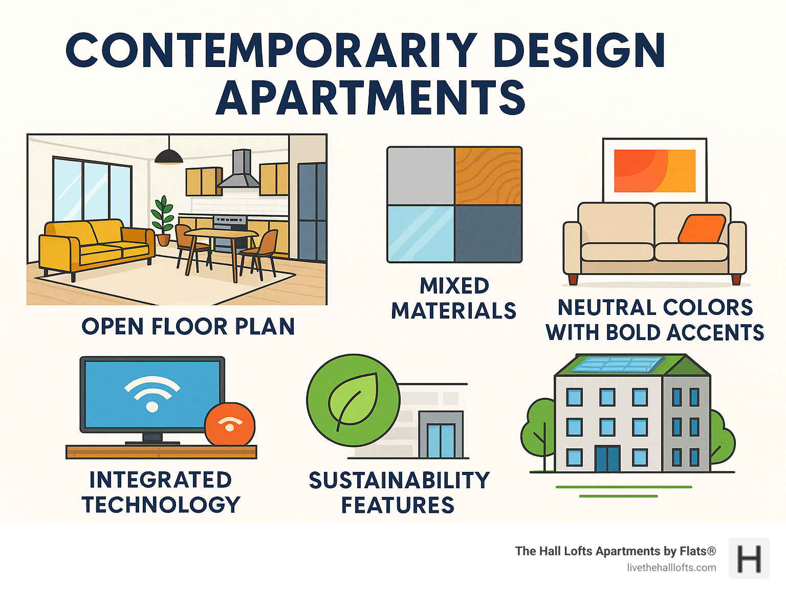 Infographic showing contemporary apartment design elements: open floor plans, mixed materials palette (concrete, wood, glass, metal), neutral colors with bold accents, integrated technology, and sustainability features with examples of each - contemporary design apartments infographic 