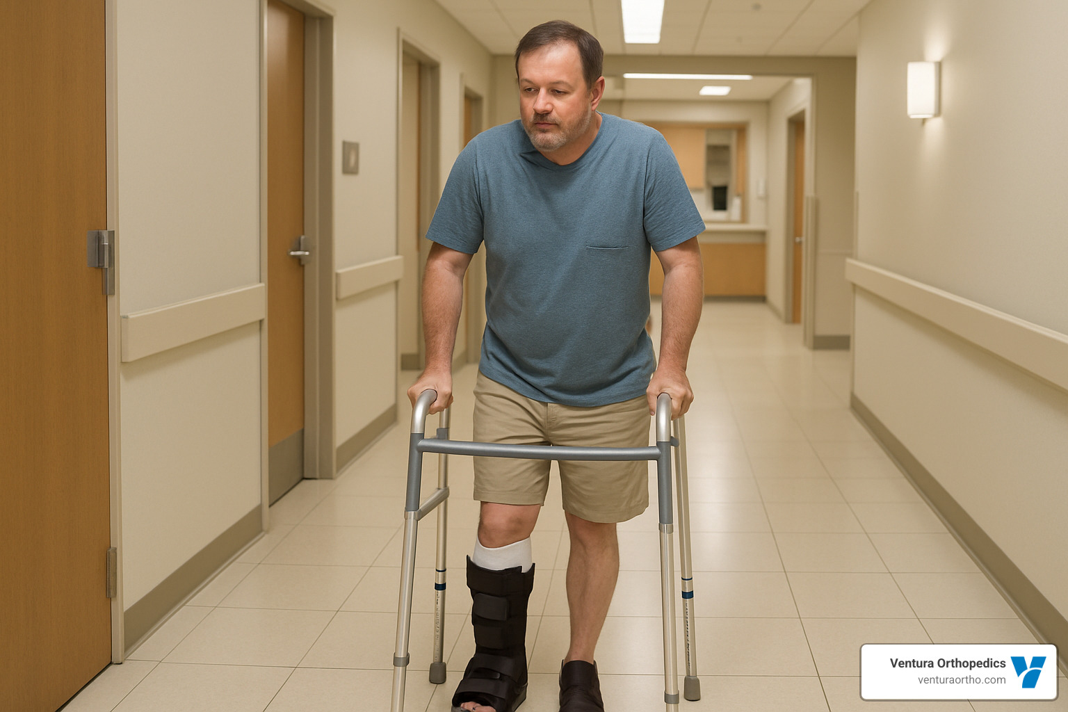 patient in walking boot after ankle replacement - ankle joint replacement surgery