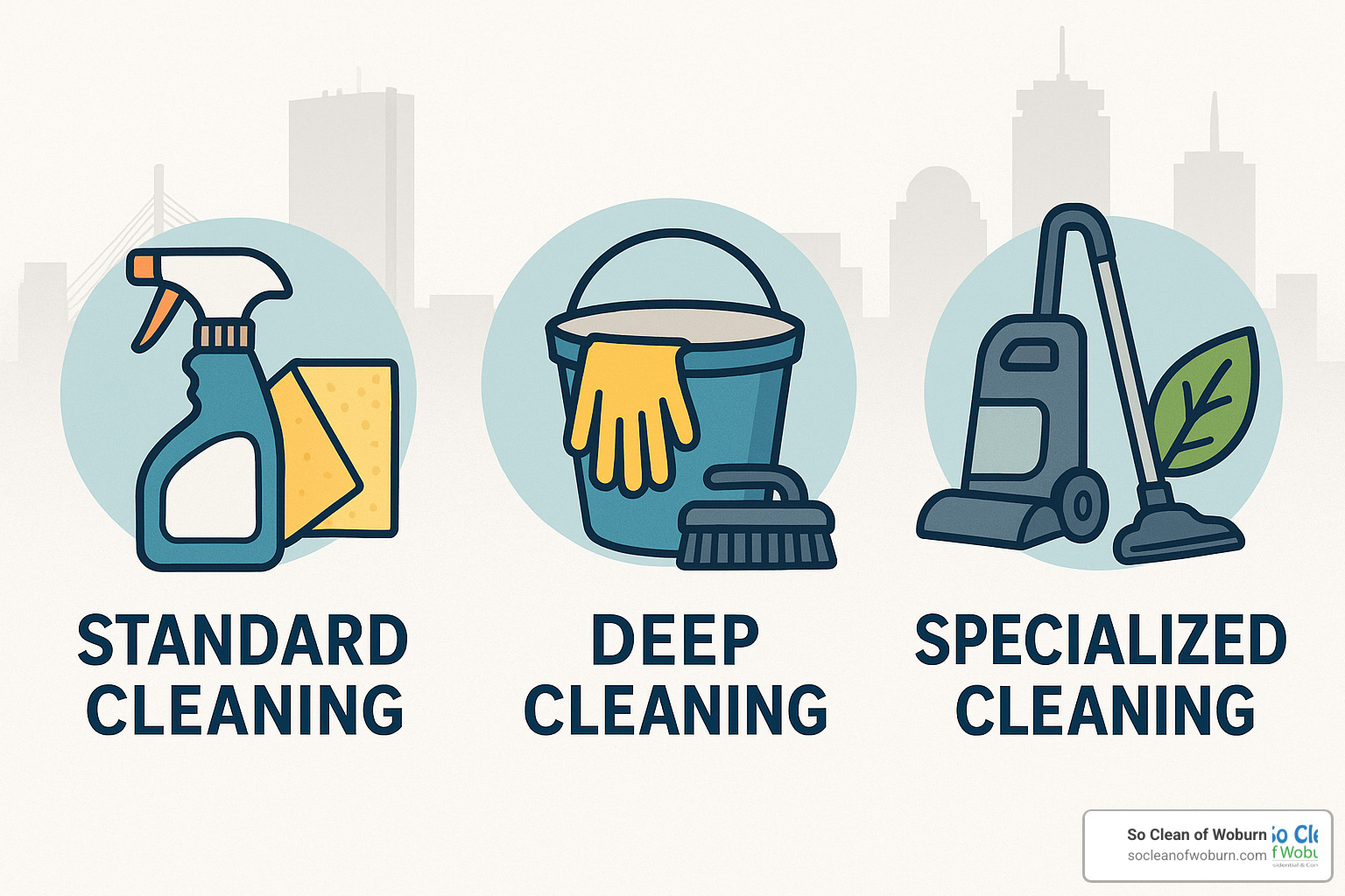 cleaning service types icons showing standard, deep, and specialized cleaning options - boston cleaning service