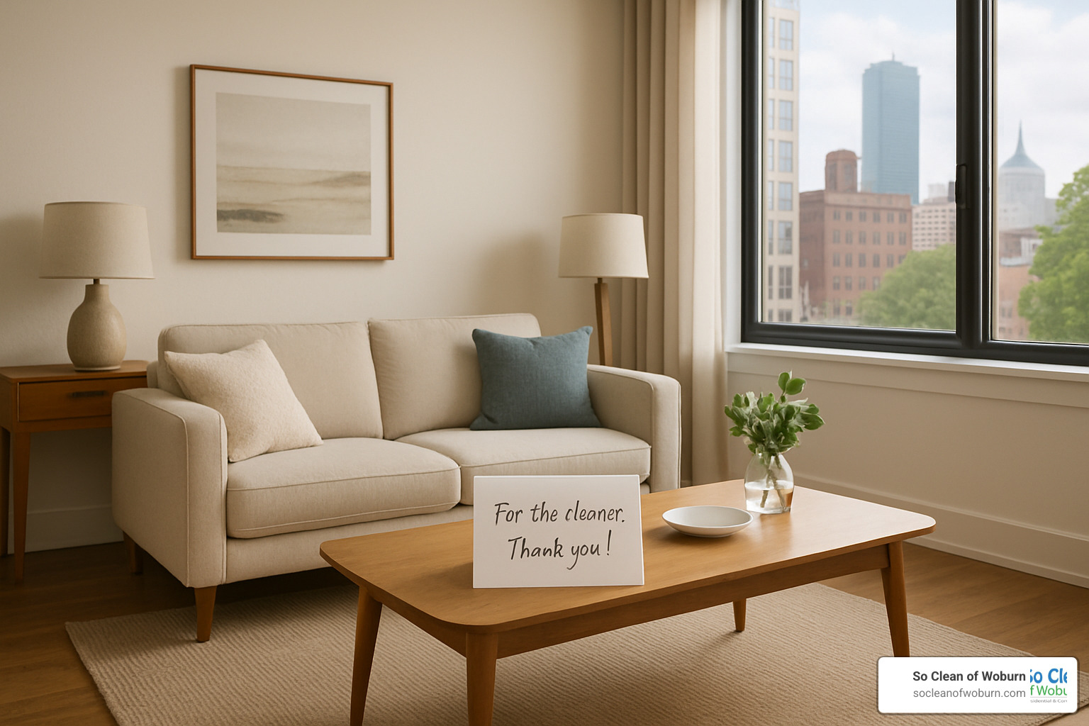 organized room ready for cleaning service with note for cleaner - boston cleaning service