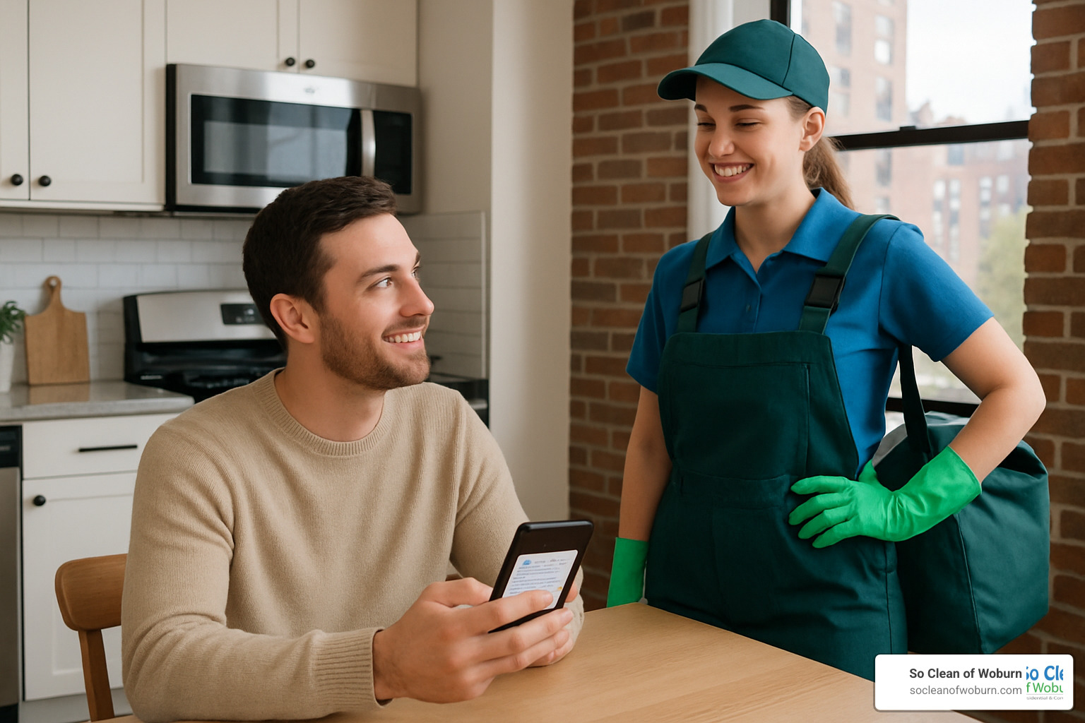 person checking reviews on phone while interviewing a cleaning professional - boston cleaning service