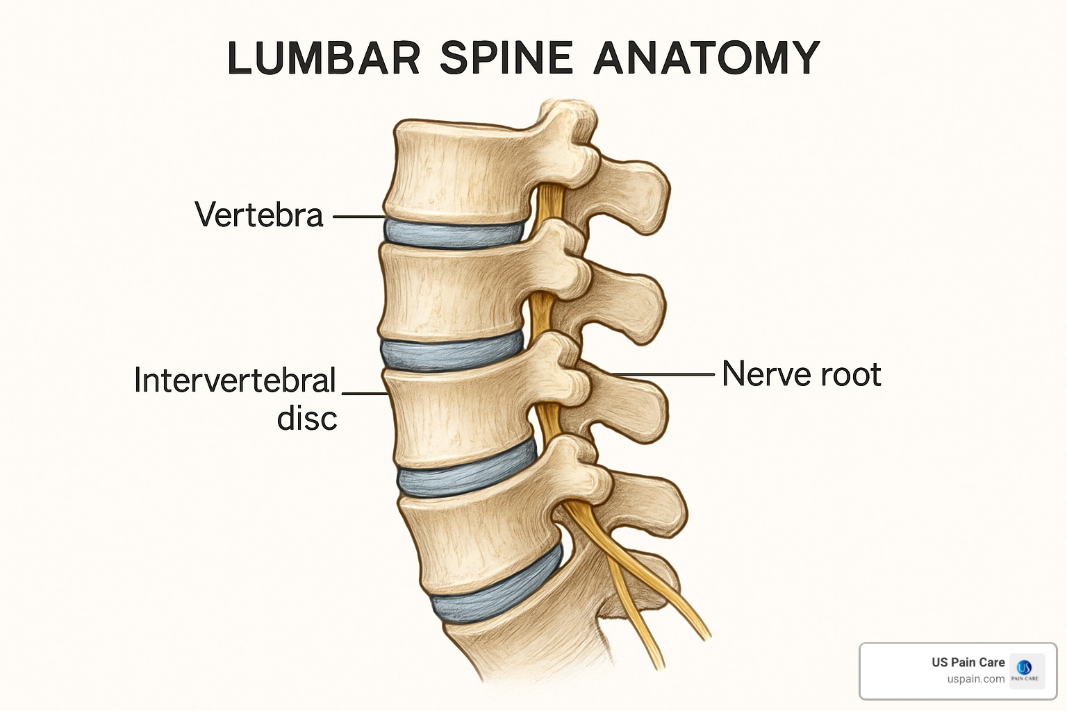 Lumbar spine anatomy showing vertebrae, discs, and nerve roots - lumbar herniated disc treatment Lumbar spine anatomy showing vertebrae, discs, and nerve roots - lumbar herniated disc treatment
