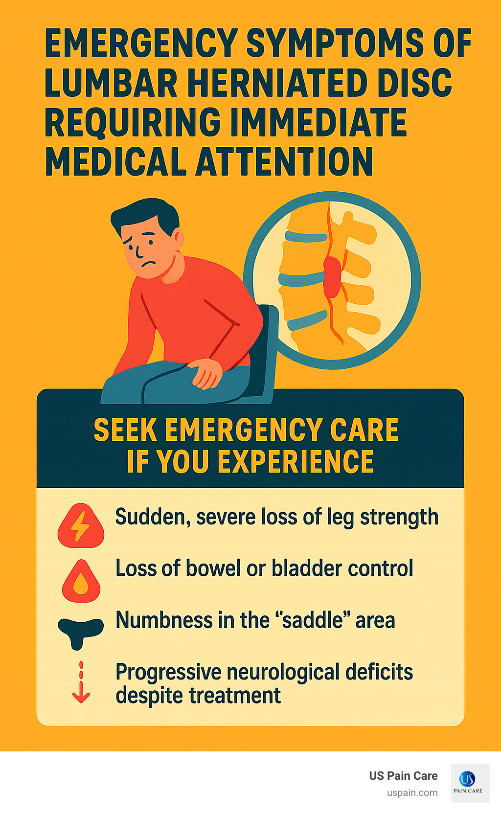 Emergency symptoms of lumbar herniated disc requiring immediate medical attention - lumbar herniated disc treatment infographic Emergency symptoms of lumbar herniated disc requiring immediate medical attention - lumbar herniated disc treatment infographic