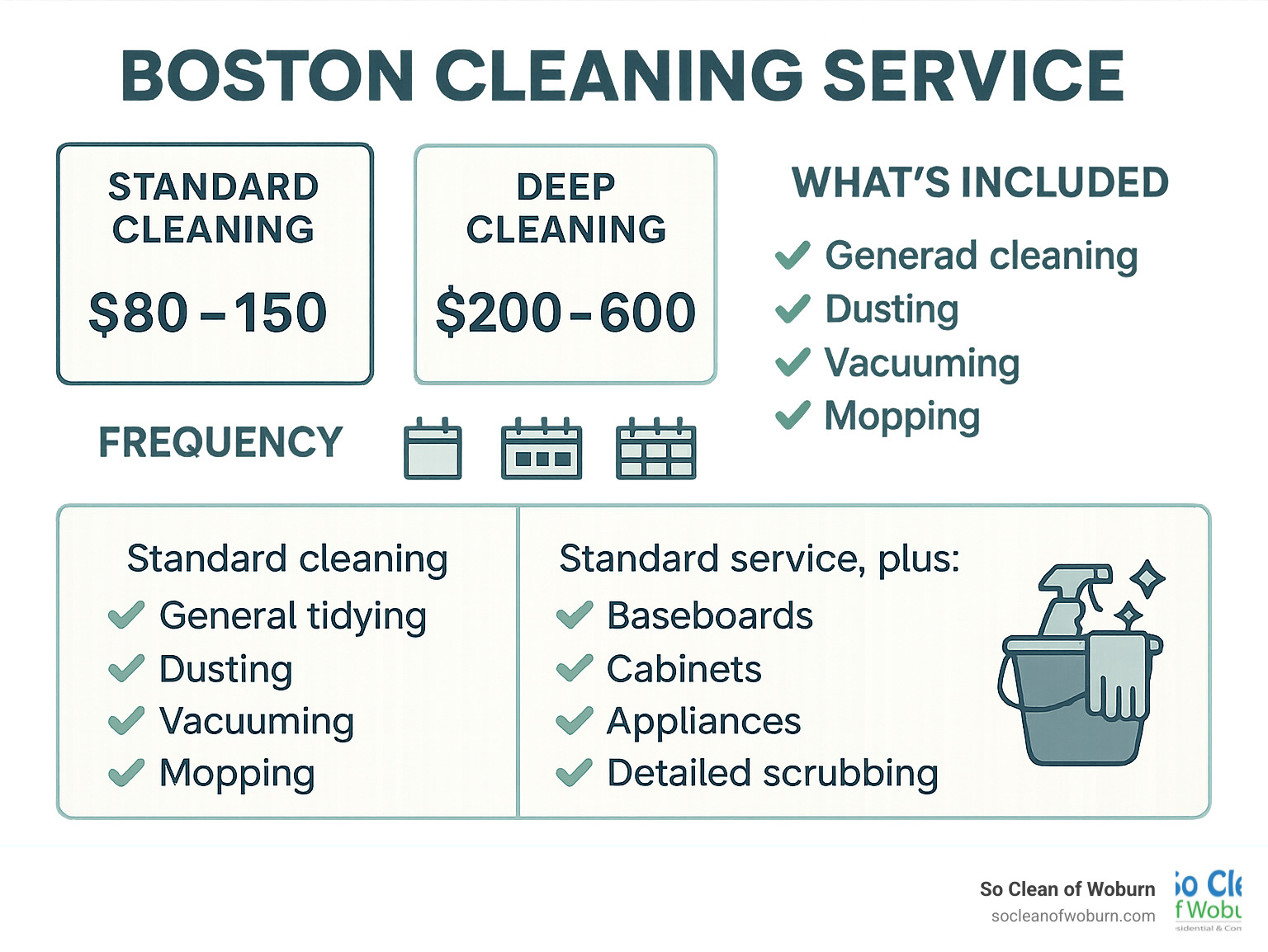 Boston cleaning service comparison showing standard vs deep cleaning costs, frequency options, and what's included in each service type - boston cleaning service infographic 