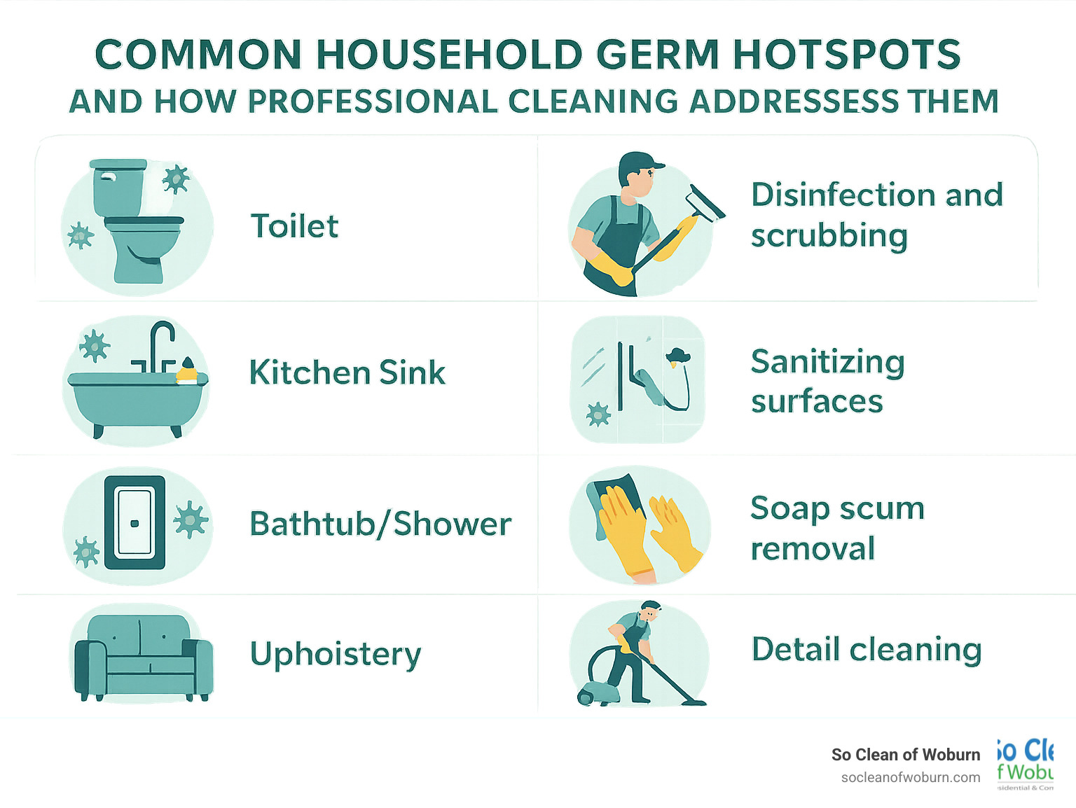 infographic showing common household germ hotspots and how professional cleaning addresses them - boston cleaning service infographic 