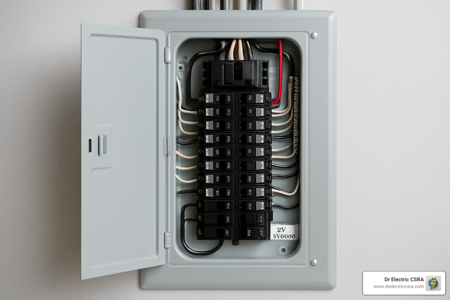 Electrical panel with multiple circuit breakers, showcasing a modern design relevant for EV charger installation, accompanied by Dr Electric CSRA branding.