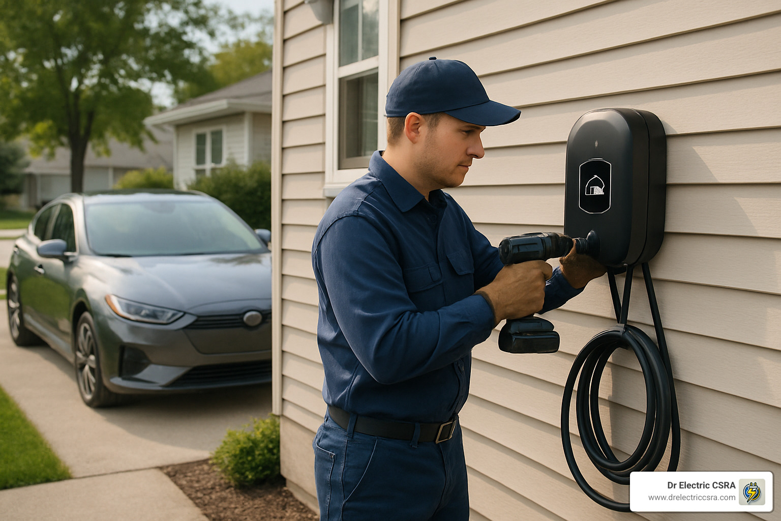 Electric vehicle charging installation in progress, technician using drill to mount charger on exterior wall, EV parked nearby, Dr Electric CSRA branding visible.