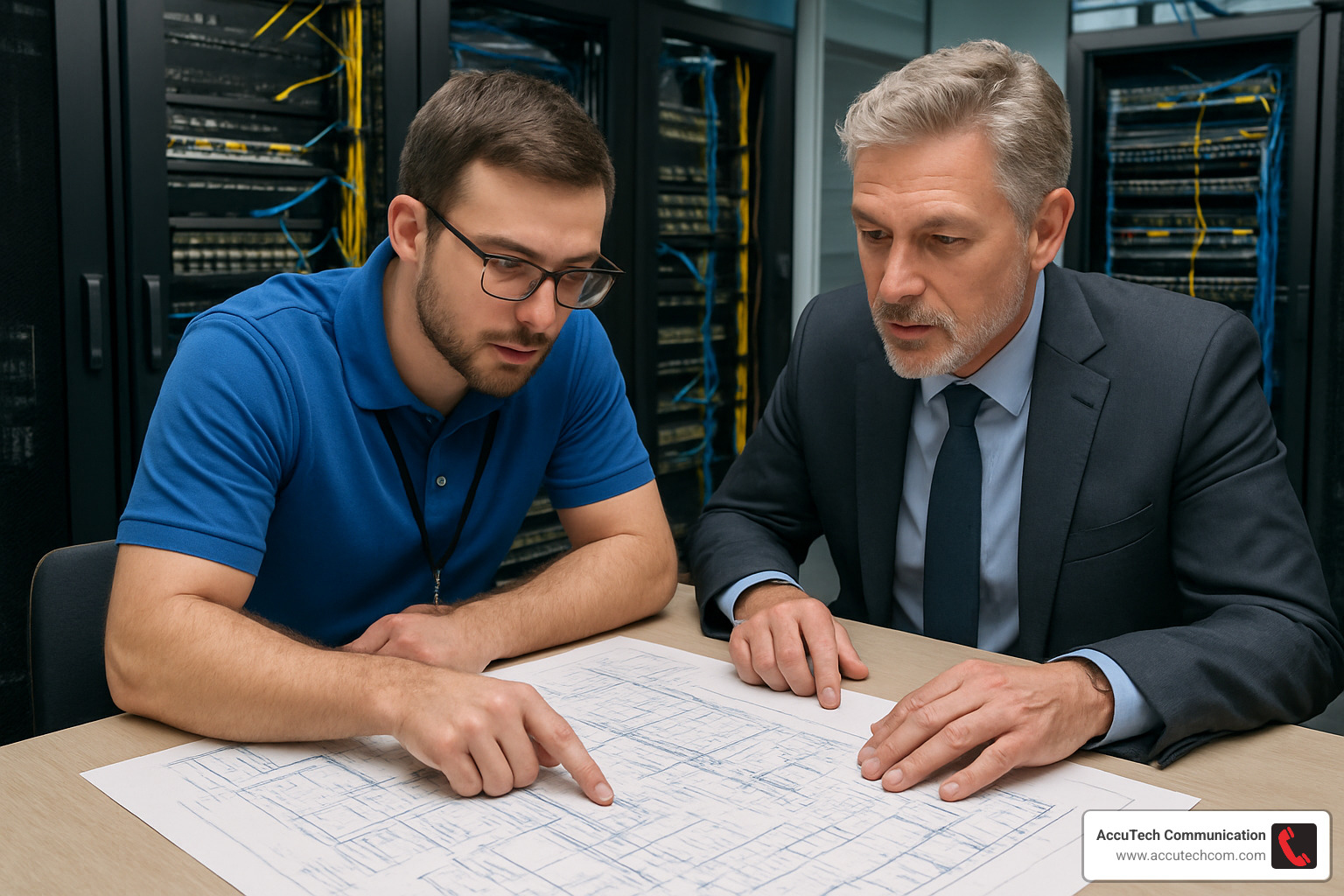 IT professional reviewing network cabling plans with client - Network Cabling Companies IT professional reviewing network cabling plans with client - Network Cabling Companies