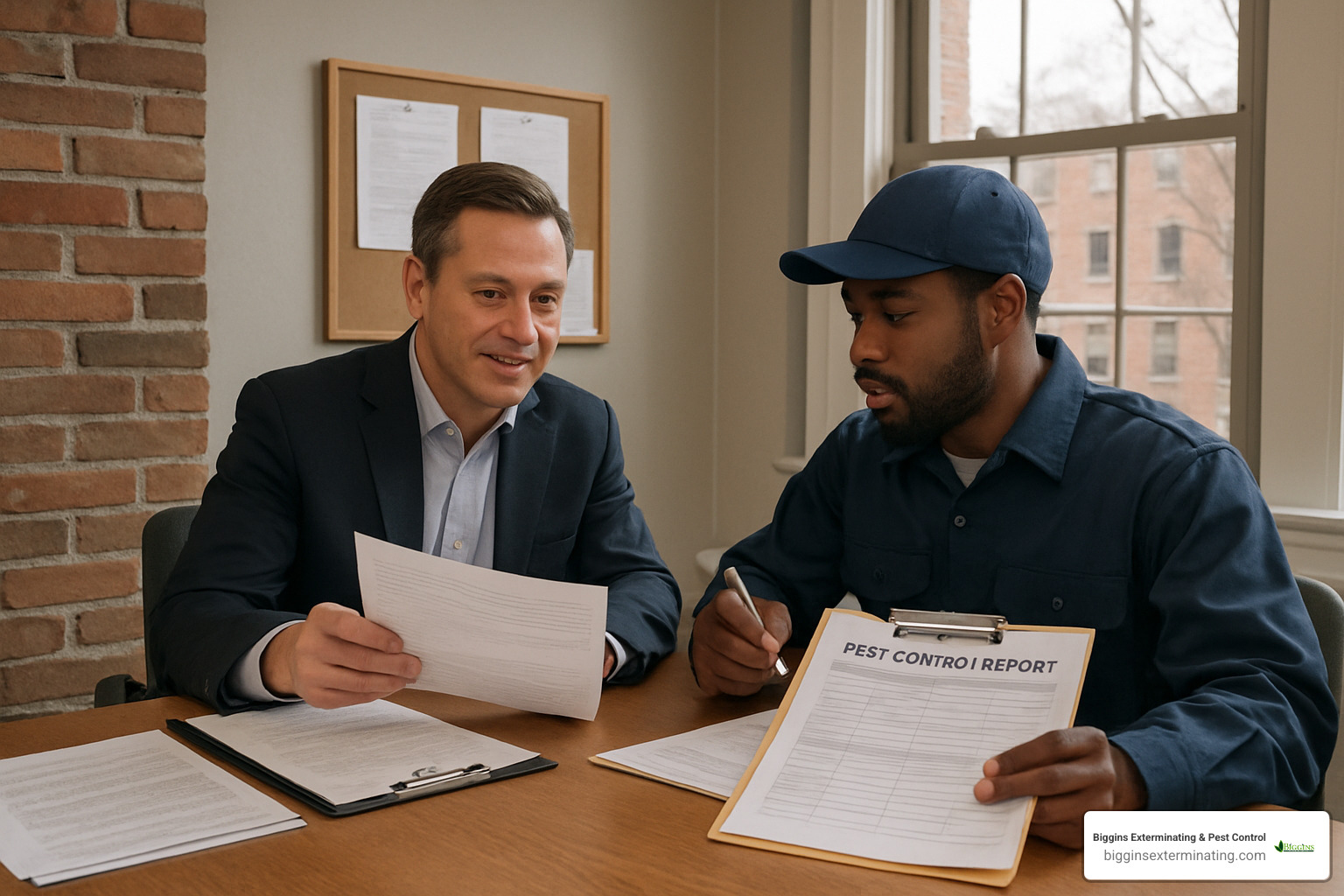 property manager reviewing pest control documentation with maintenance staff - Pest control for property managers