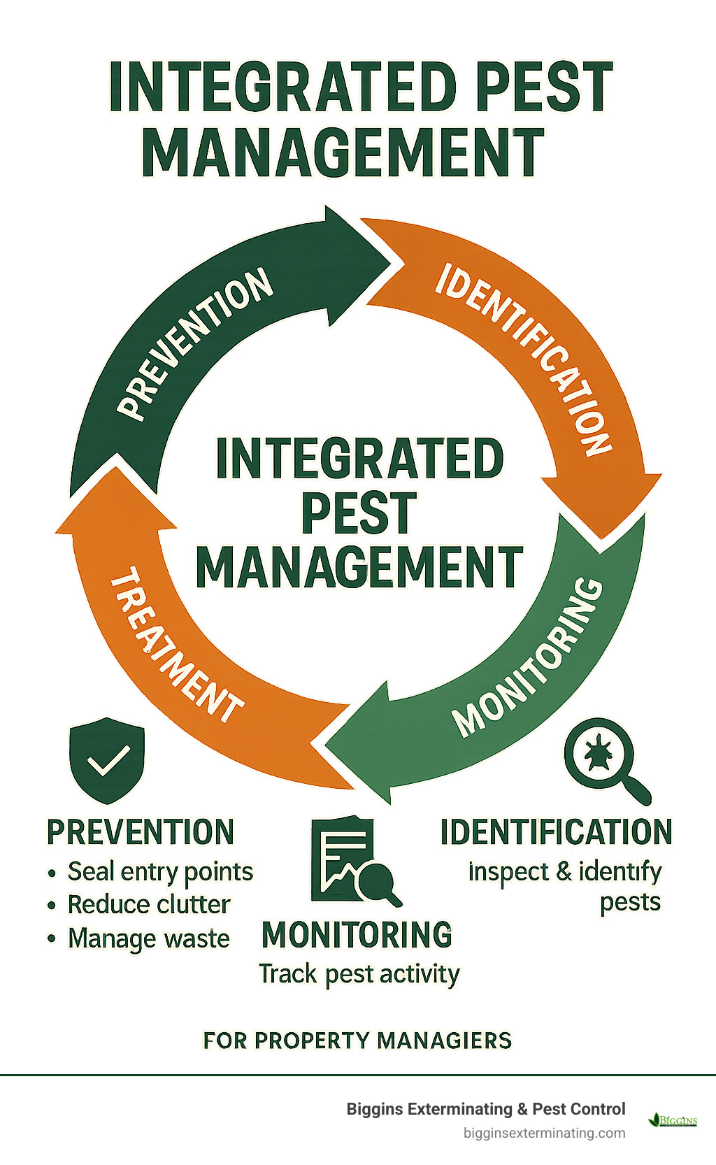 Integrated Pest Management cycle for property managers showing prevention, identification, monitoring, and treatment phases with specific actions for each stage - Pest control for property managers infographic