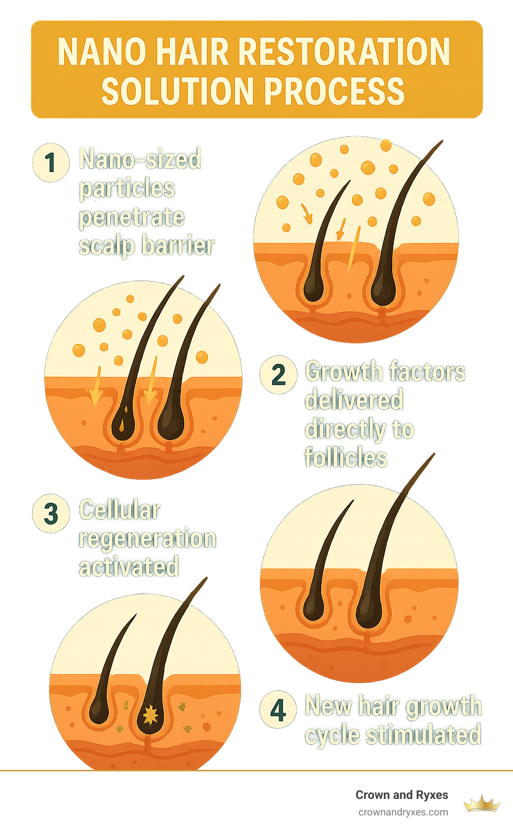 Nano Hair Restoration Solution Process: 1) Nano-sized particles penetrate scalp barrier 2) Growth factors delivered directly to follicles 3) Cellular regeneration activated 4) New hair growth cycle stimulated - nano hair restoration solution infographic 