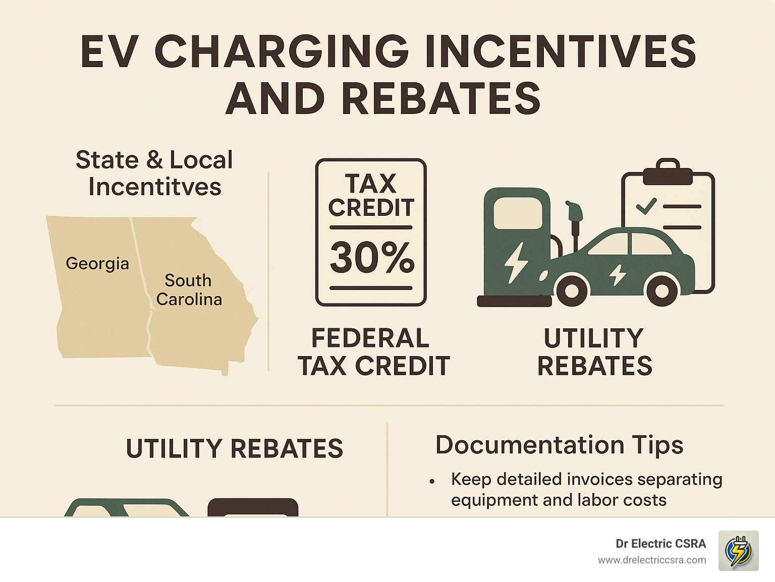 EV charging incentives and rebates infographic showing federal tax credit of 30%, state incentives for Georgia and South Carolina, utility rebates, and documentation tips for EV charger installation by Dr. Electric CSRA.
