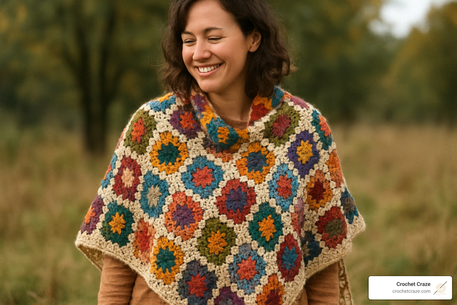 finished granny square shawl worn over shoulders - shawl made from granny squares