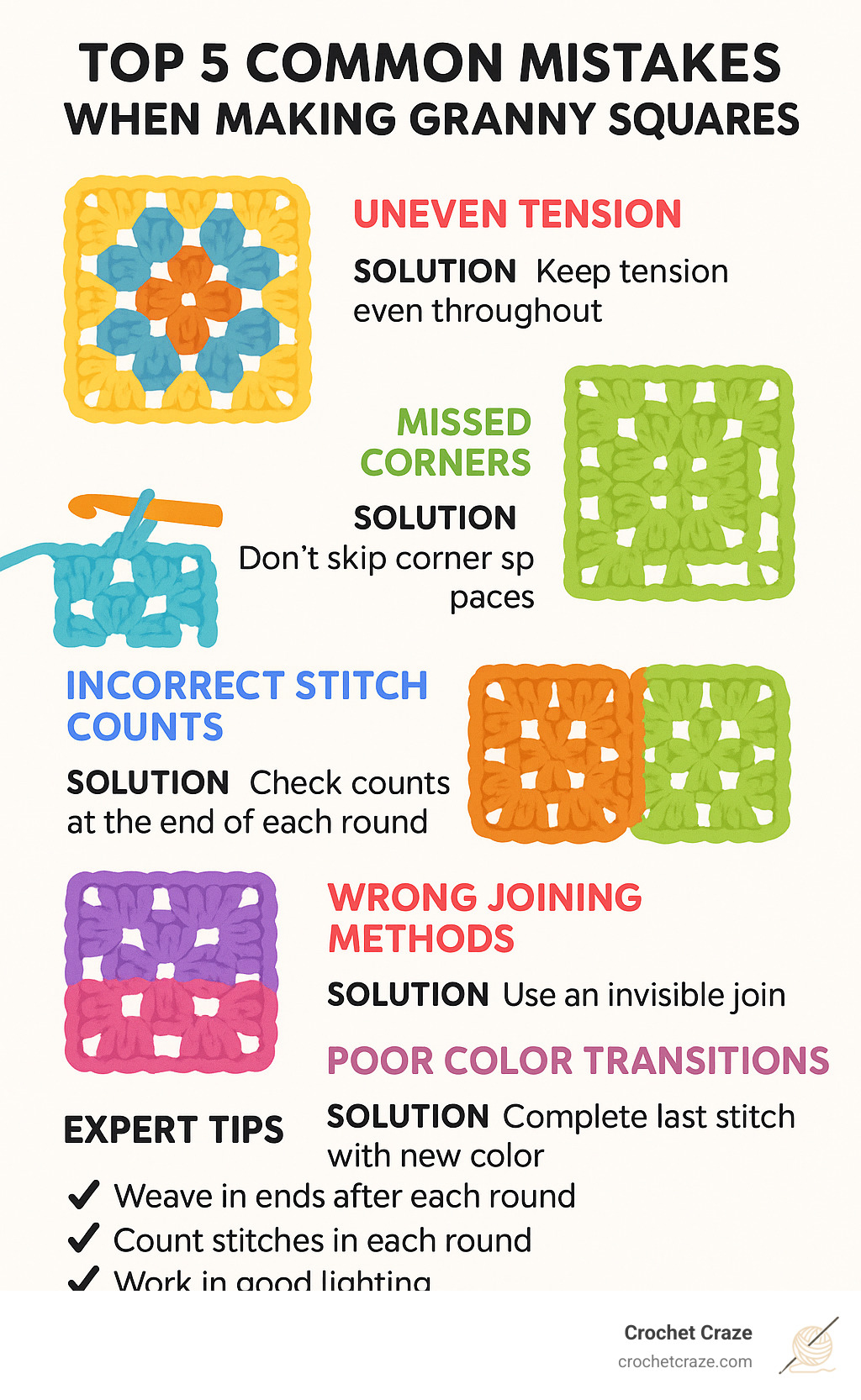 Top 5 common mistakes when making granny squares and their solutions: uneven tension, missed corners, incorrect stitch counts, wrong joining methods, and poor color transitions - shawl made from granny squares infographic
