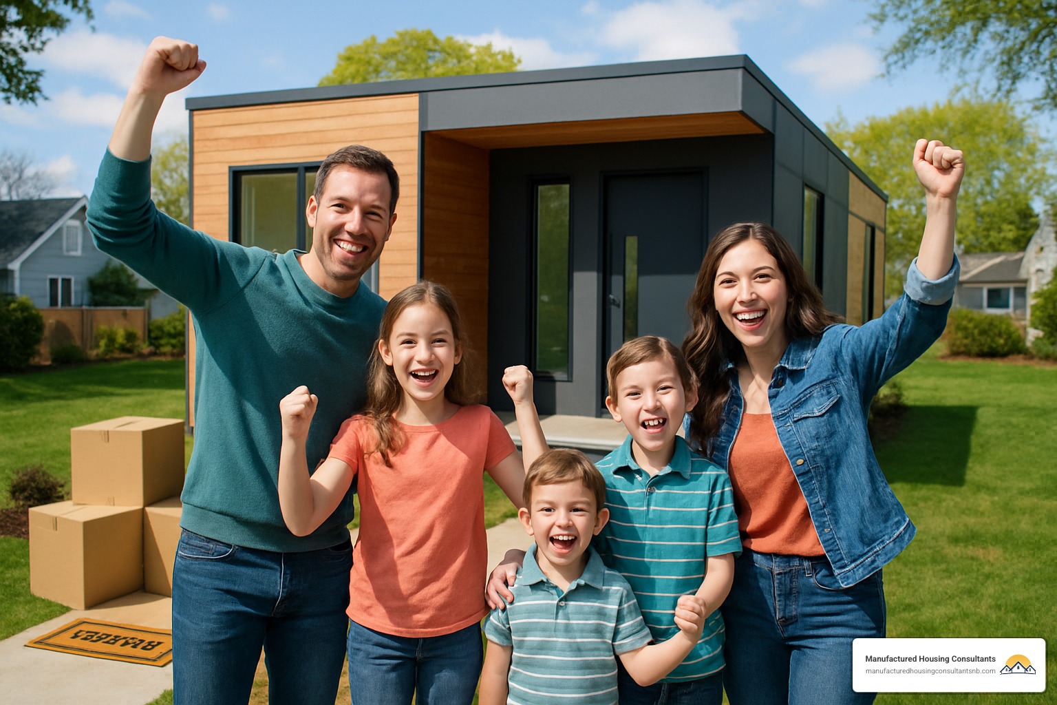 happy family in front of newly delivered prefab home - inexpensive prefab homes
