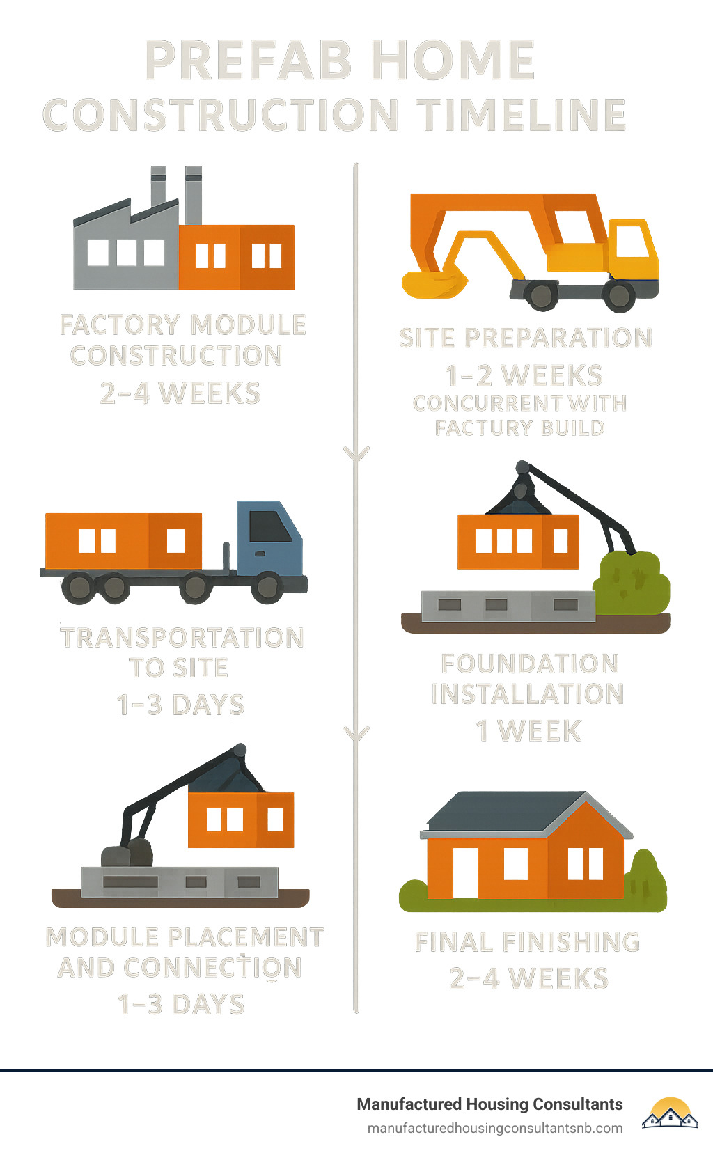 Prefab home construction timeline showing 6 stages: factory module construction (2-4 weeks), site preparation (1-2 weeks concurrent with factory build), transportation to site (1-3 days), foundation installation (1 week), module placement and connection (1-3 days), and final finishing (2-4 weeks) - inexpensive prefab homes infographic 