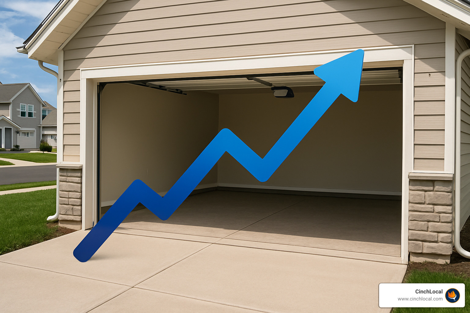 Open garage door with upward trending arrow in blue - garage door seo
