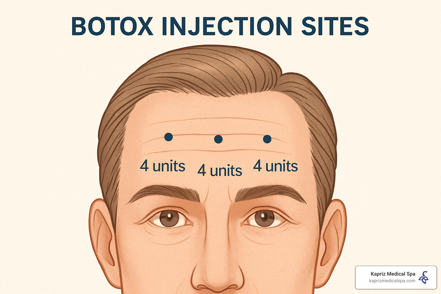 forehead botox dosage map showing injection points - how many units of botox are used for forehead