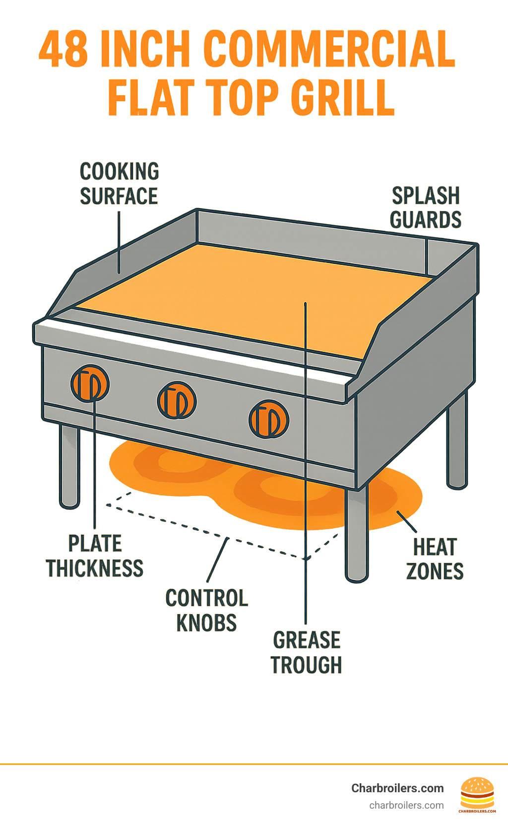 Diagram showing the anatomy of a 48 inch commercial flat top grill with labeled components including cooking surface, splash guards, control knobs, grease trough, plate thickness, and heat zones with temperature distribution patterns - 48 inch commercial flat top grill infographic 