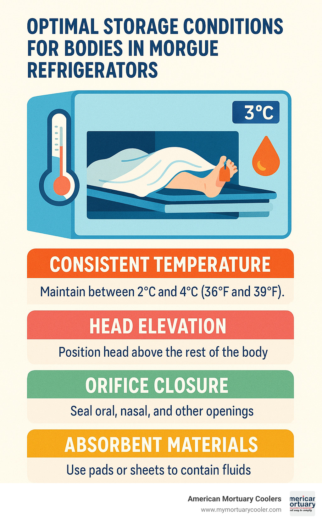 Infographic showing optimal storage conditions for bodies in morgue refrigerators - body purge morgue refrigerator infographic 