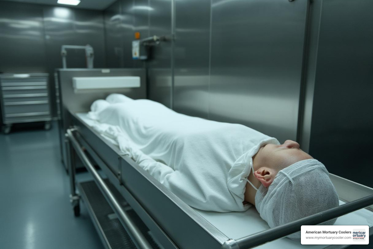 body positioning in morgue refrigerator with head block - body purge morgue refrigerator